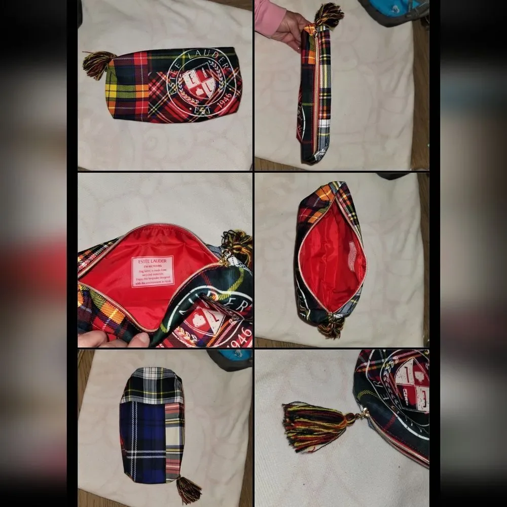 Estee Lauder Plaid Tartan Cosmetic Zipper Make Up Bag with Tassle & Big Logo